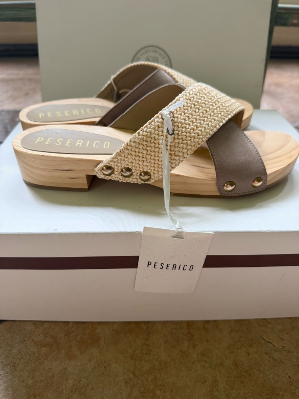 Peserico Wood Platform Raffia & Taupe Leather Clogs EU 37 NWT Made in Spain
